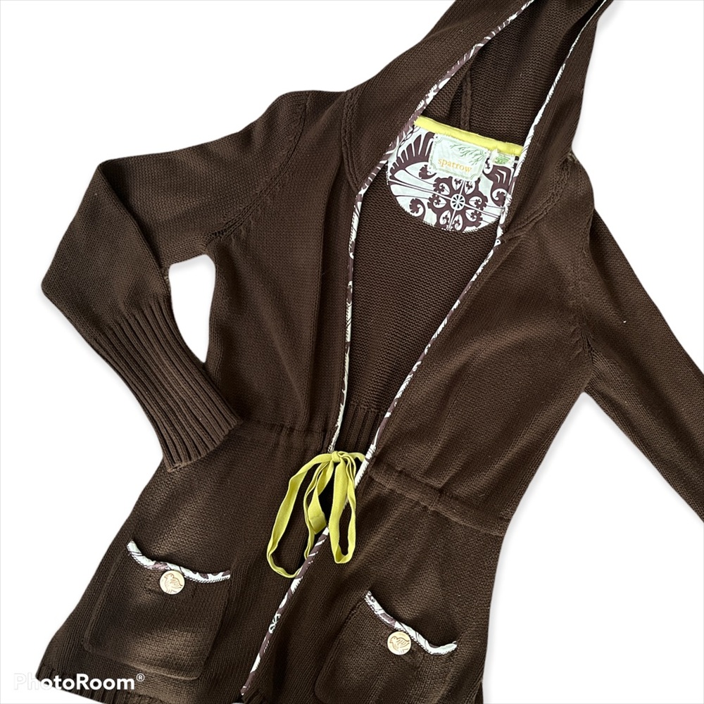 ANTHROPOLOGIE SPARROW TIE FRONT BROWN KNIT HOODED SWEATER. FRONT POCKETS, SZ: M - Picture 1 of 8